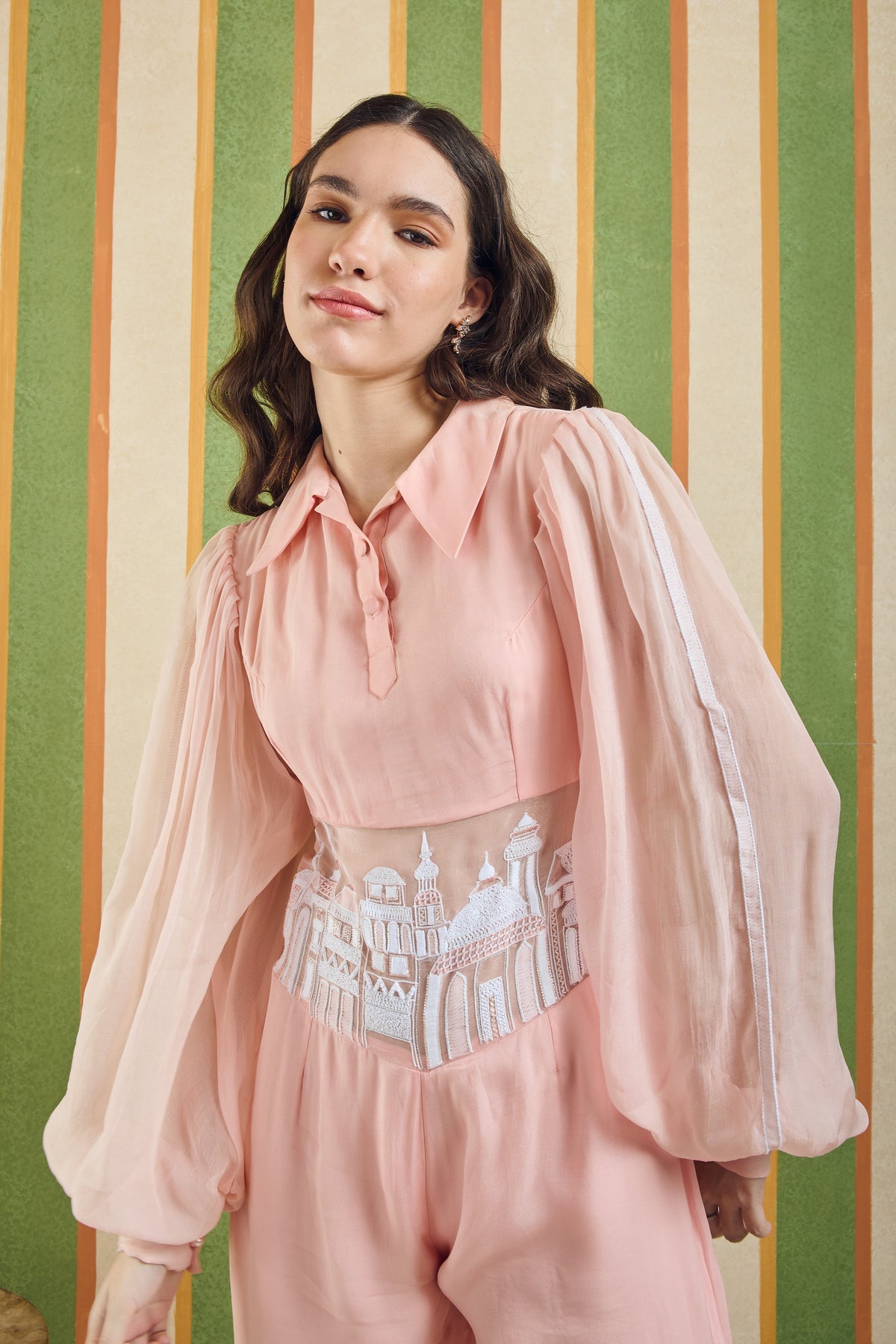 Organza Sleeve Wide-Leg Jumpsuit – Clerestory - Peach