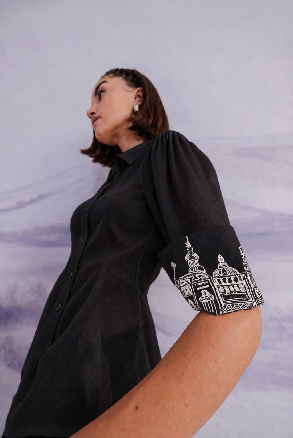 Embroidered Cuff Satin Shirt – Ensemble - Black