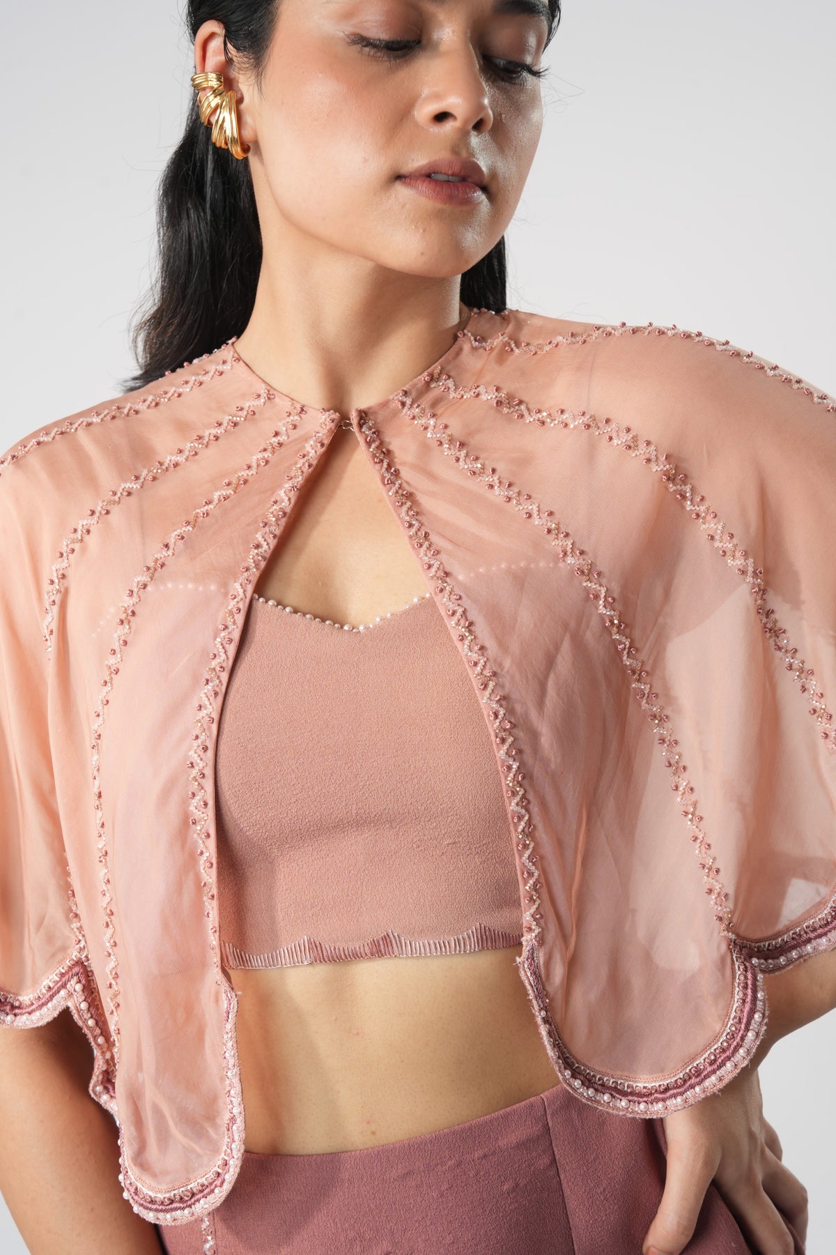 Embroidered Organza Over Cape – Celticus - Pinkish Brown