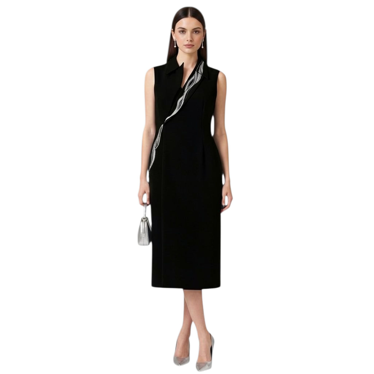 Lapel Neck Tailored Midi Dress – Powerline - Black