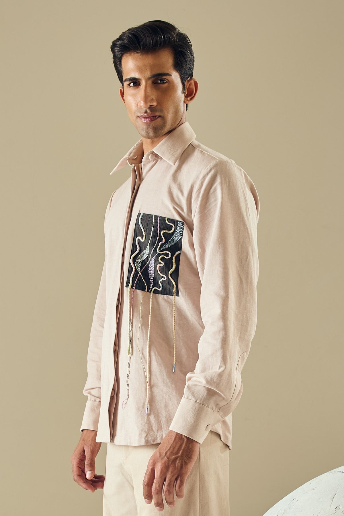 Men's Embroidered Pocket Shirt – Topographic - Beige