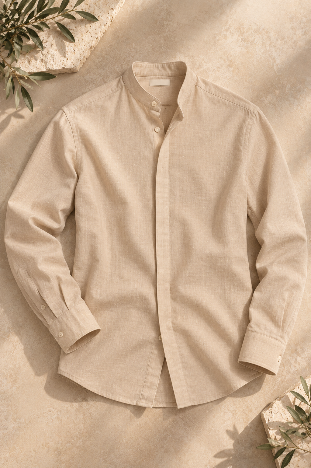 Men's Cotton Mandarin Collar Shirt - Beige