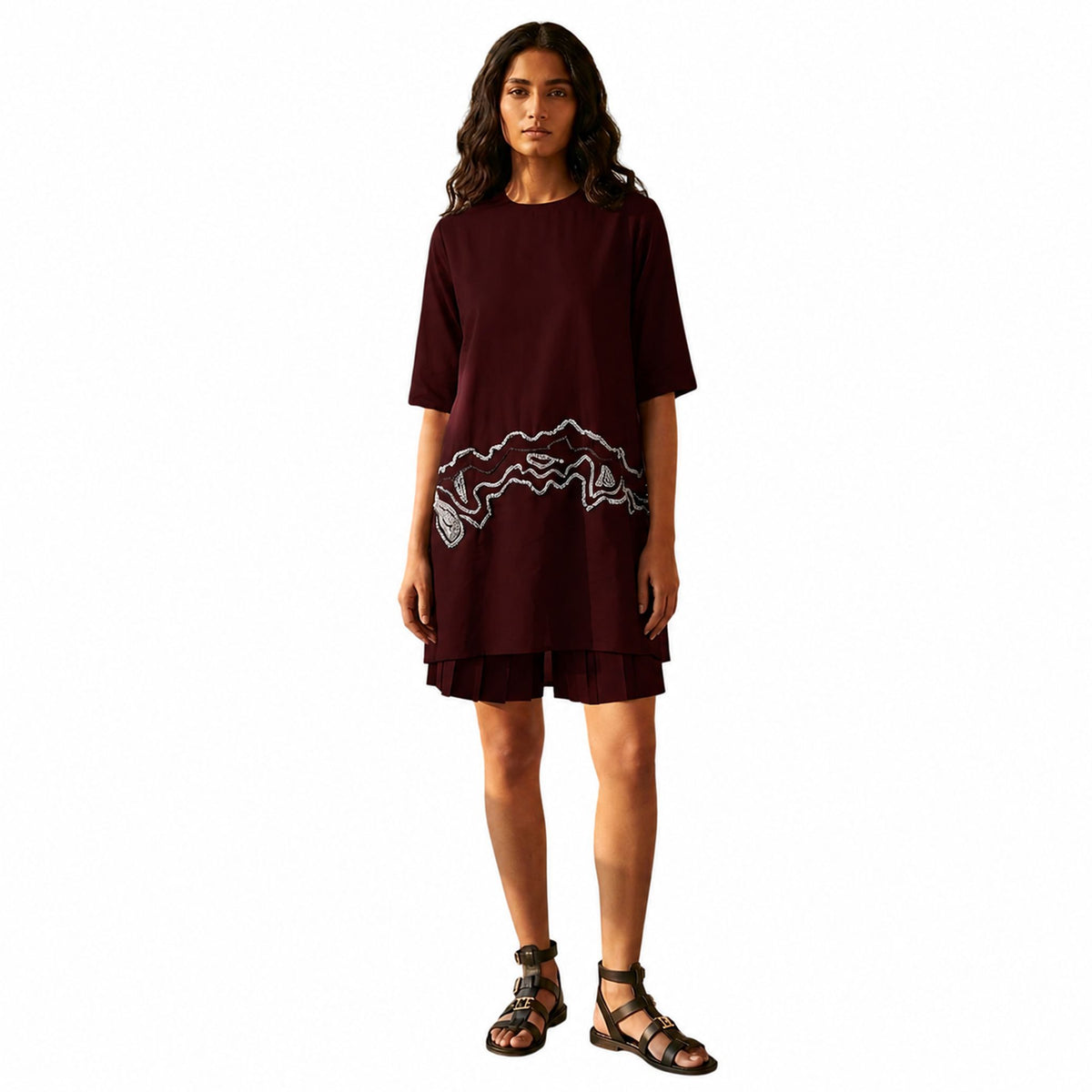Sheer Hem Embroidered Tunic – Fluid - Wine