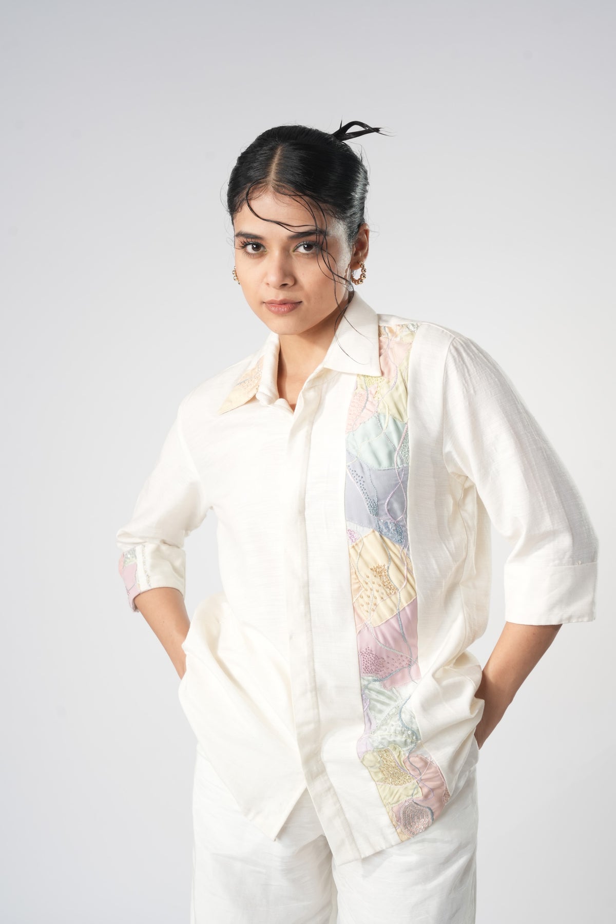 Patchwork Panel Button-Down Shirt – Meridian - White