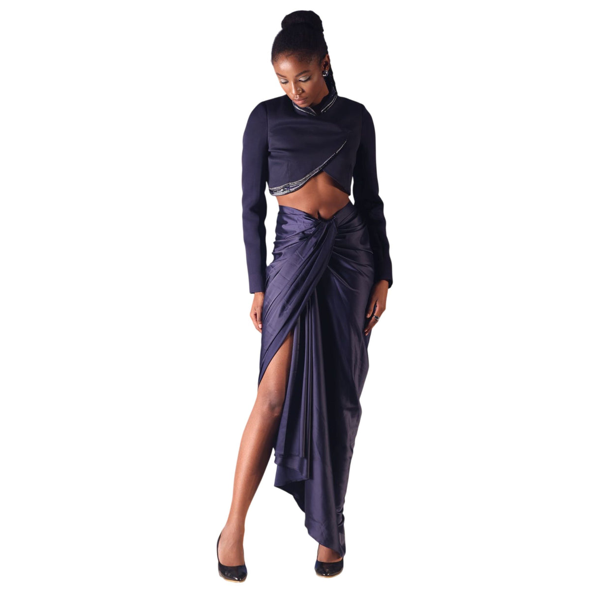 Draped Wrap Satin Skirt – Isis - Navy Blue