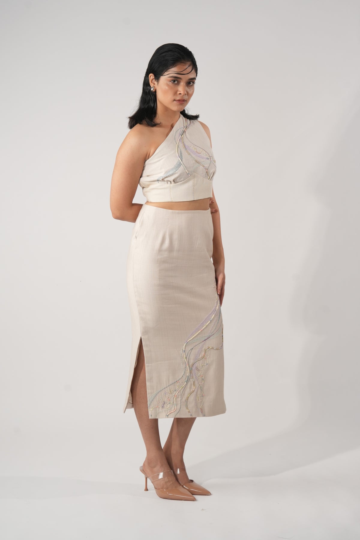 Embroidered Pencil Midi Skirt – Nurturer - Beige