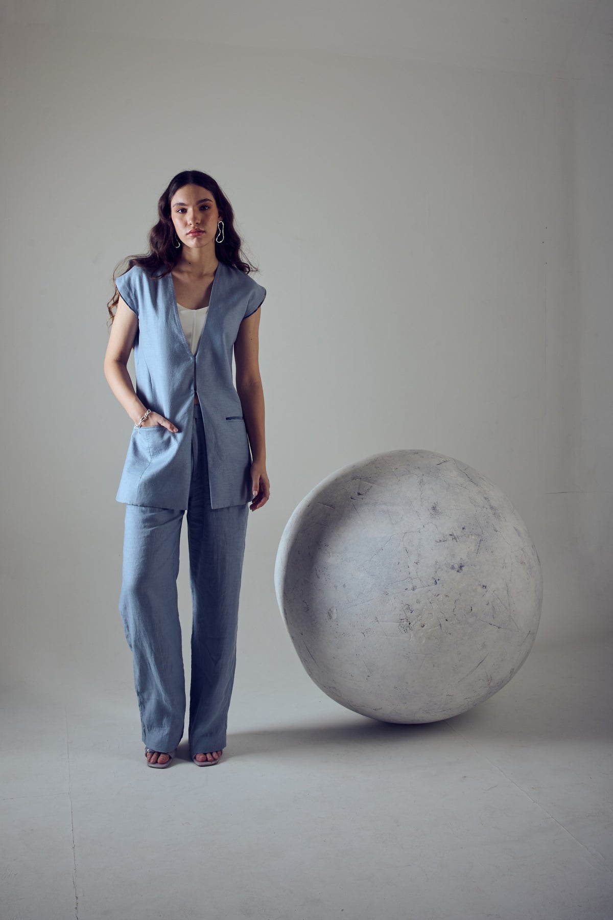 Linecraft Cap Sleeve Long Vest – Warli - Blue
