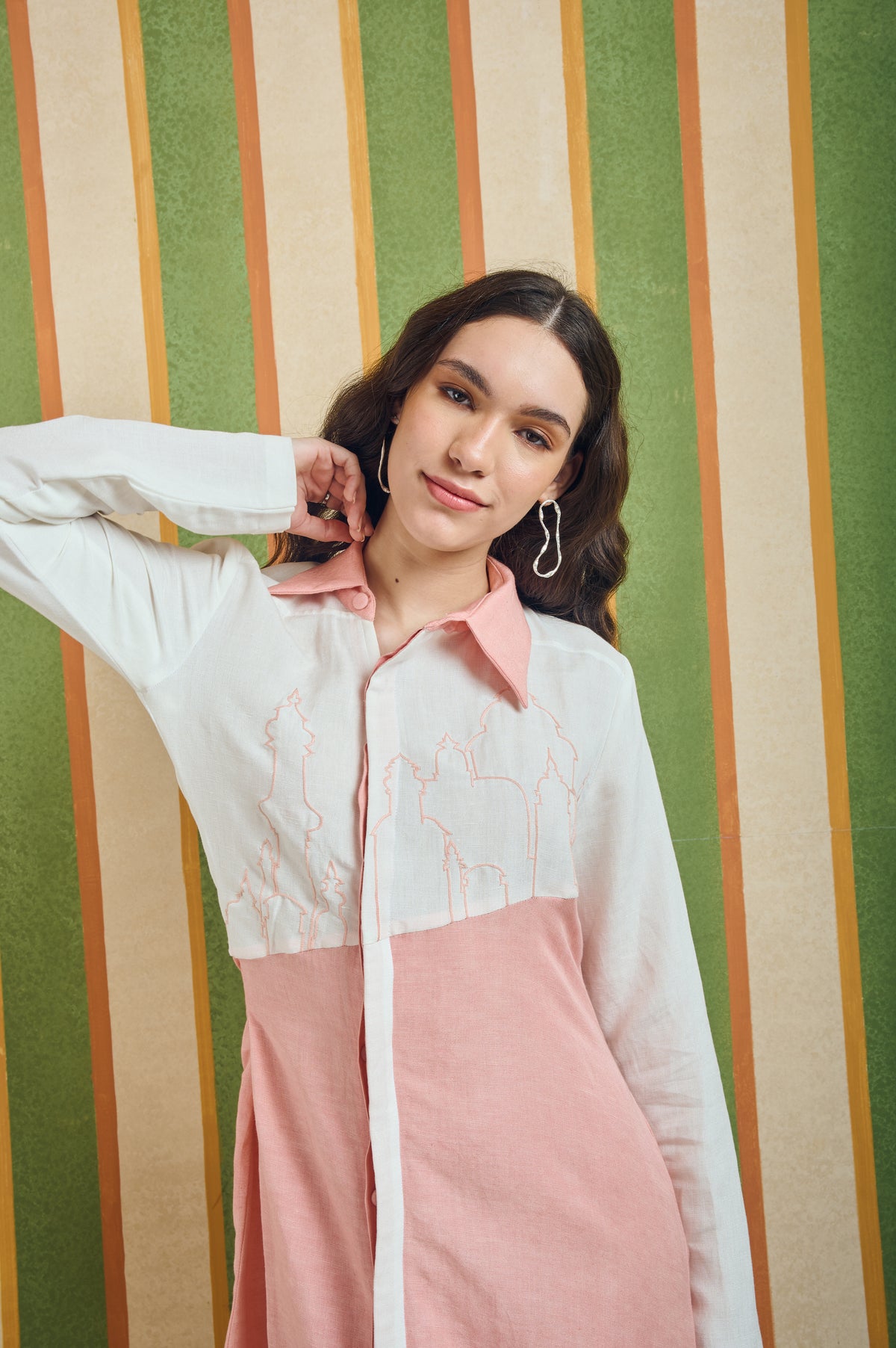 Embroidered Collared Linen Dress – Tilt Line - White & Pink