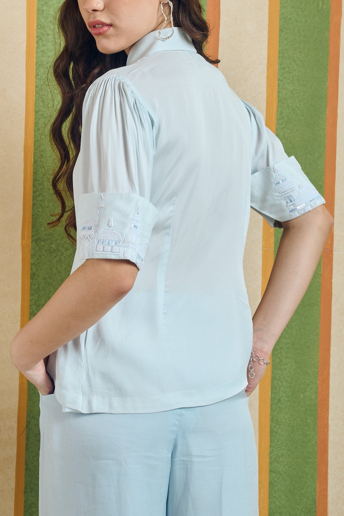 Gathered Sleeve Embroidered Shirt – Crescent - Blue