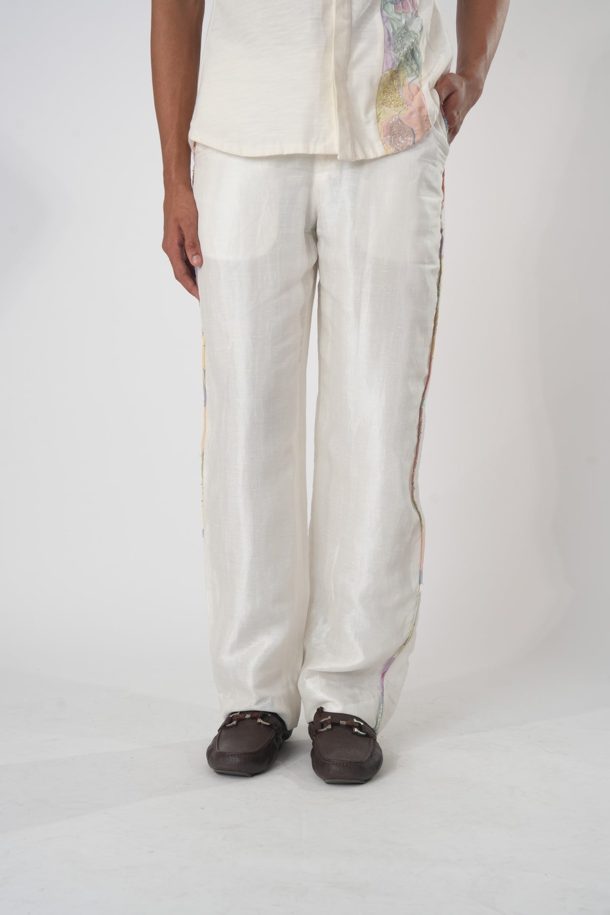 Embroidered Side Trim Linen Trousers - White