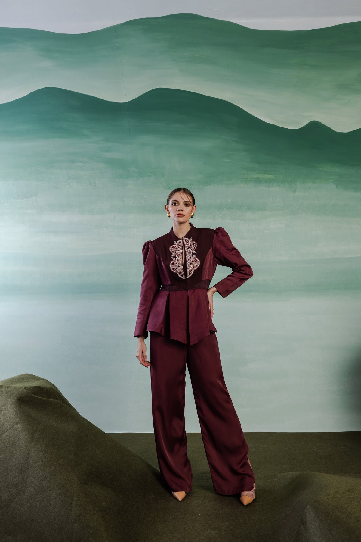 Puff Sleeve Peplum Blazer - Wine Berry