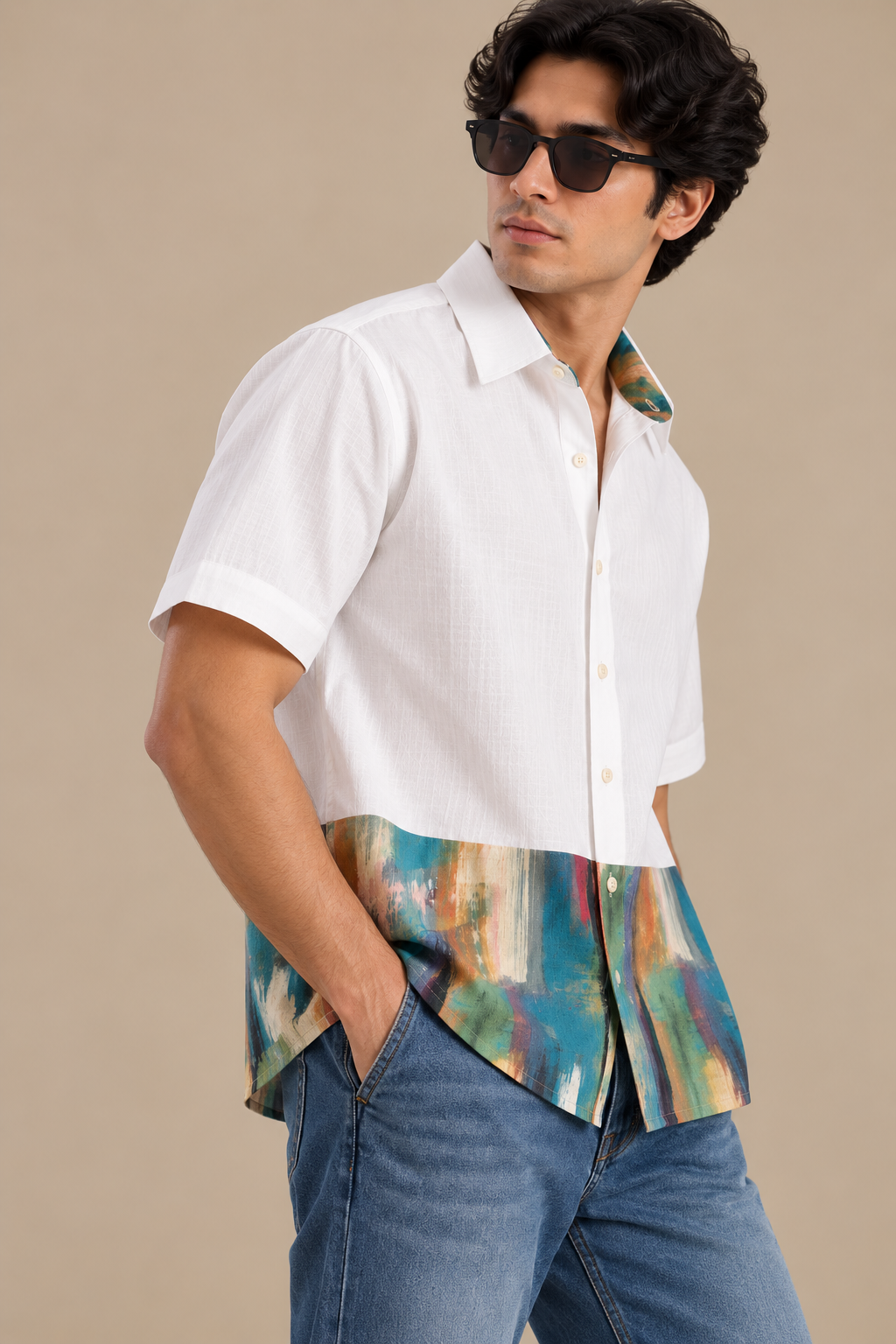 Men's Hem Patch Shirt – Warli - Teal Brushstroke Print