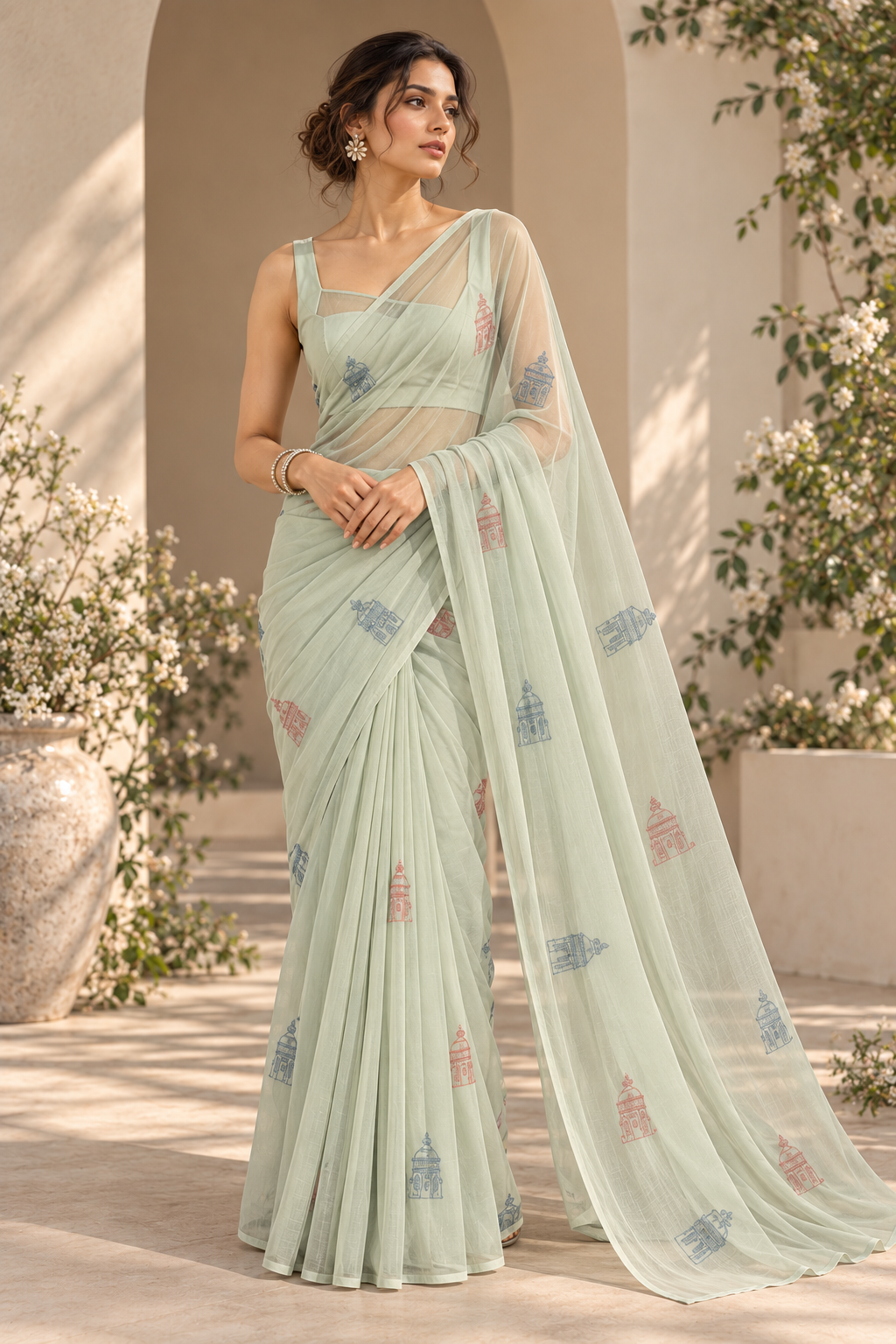 Chikankari Motif Saree – Lucknow - Sage Green