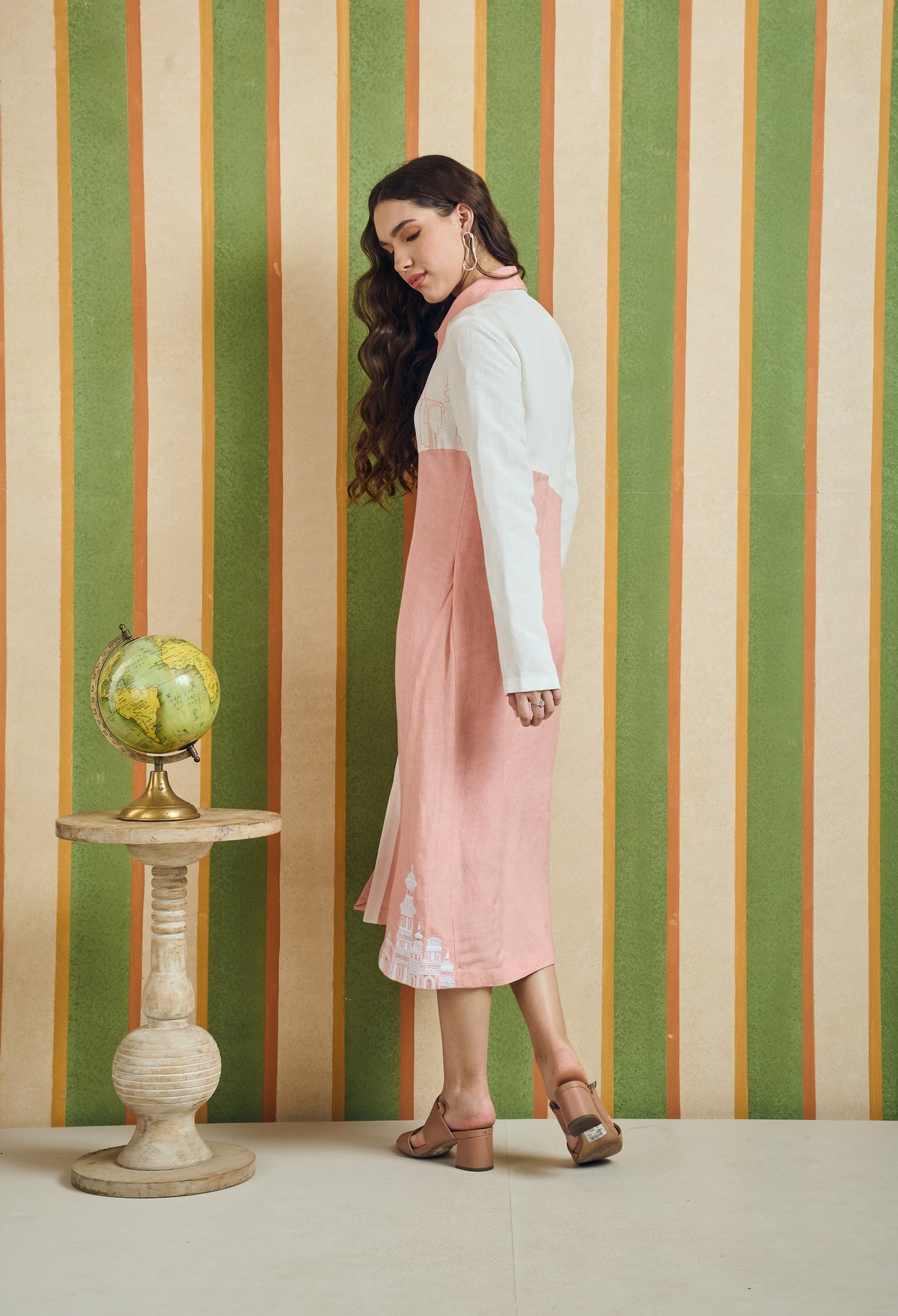 Embroidered Collared Linen Dress – Tilt Line - White & Pink