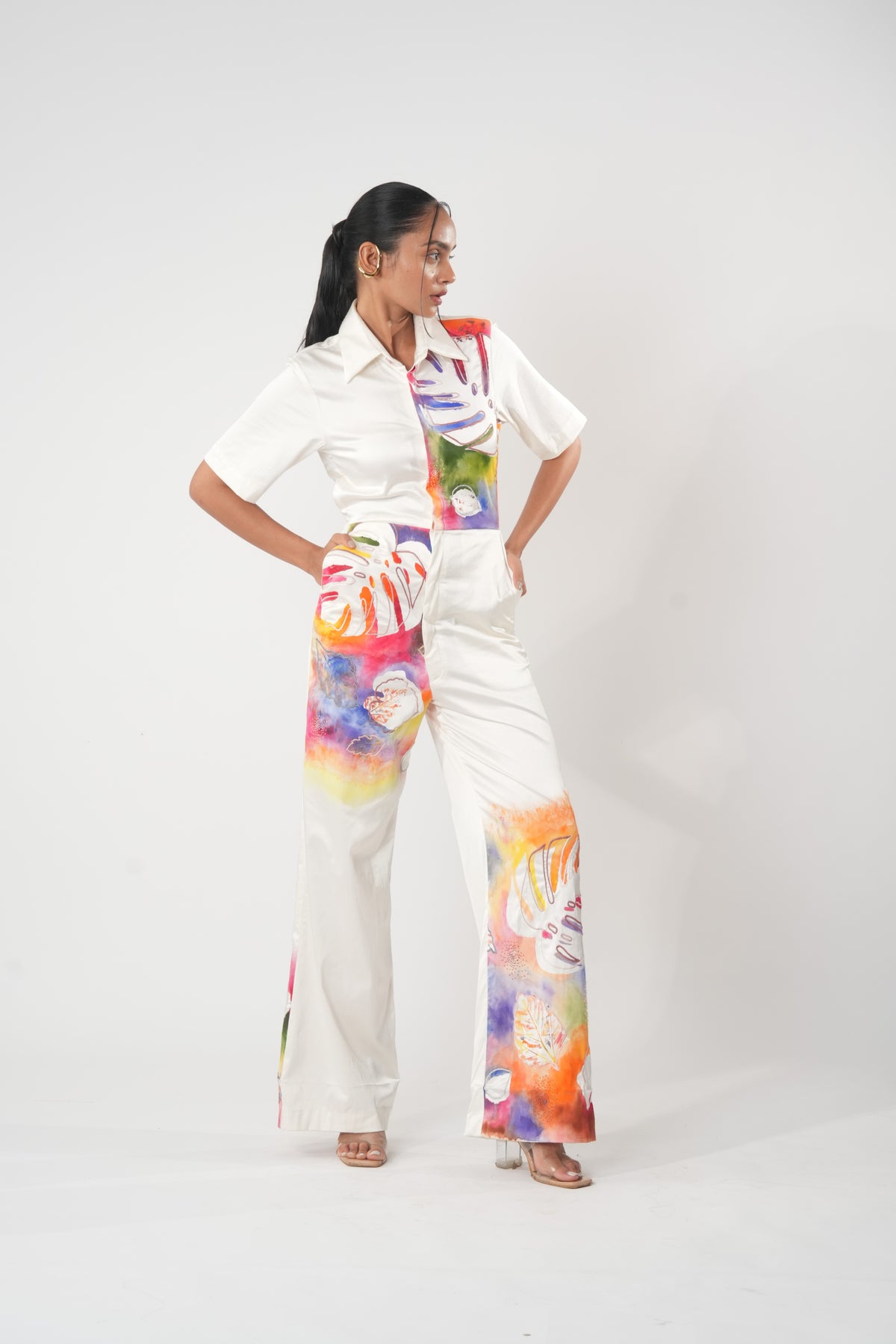 Hand-Painted Botanical Jumpsuit – Tropical Canvas - White