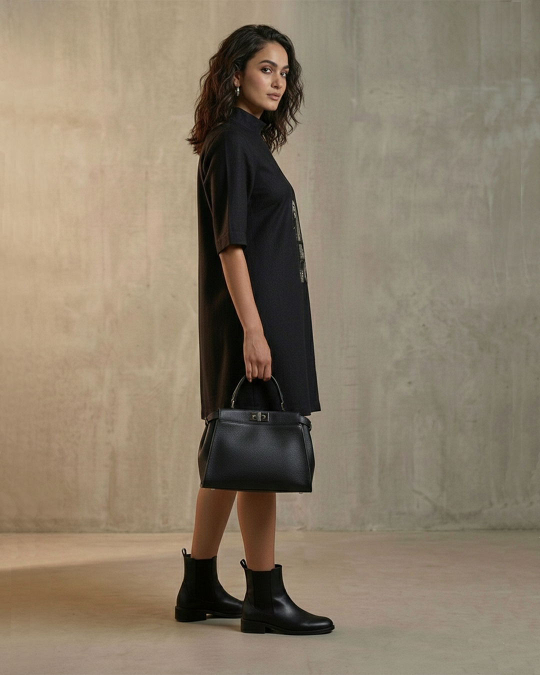 Graphic Motif Denim Midi Dress – Stride - Black