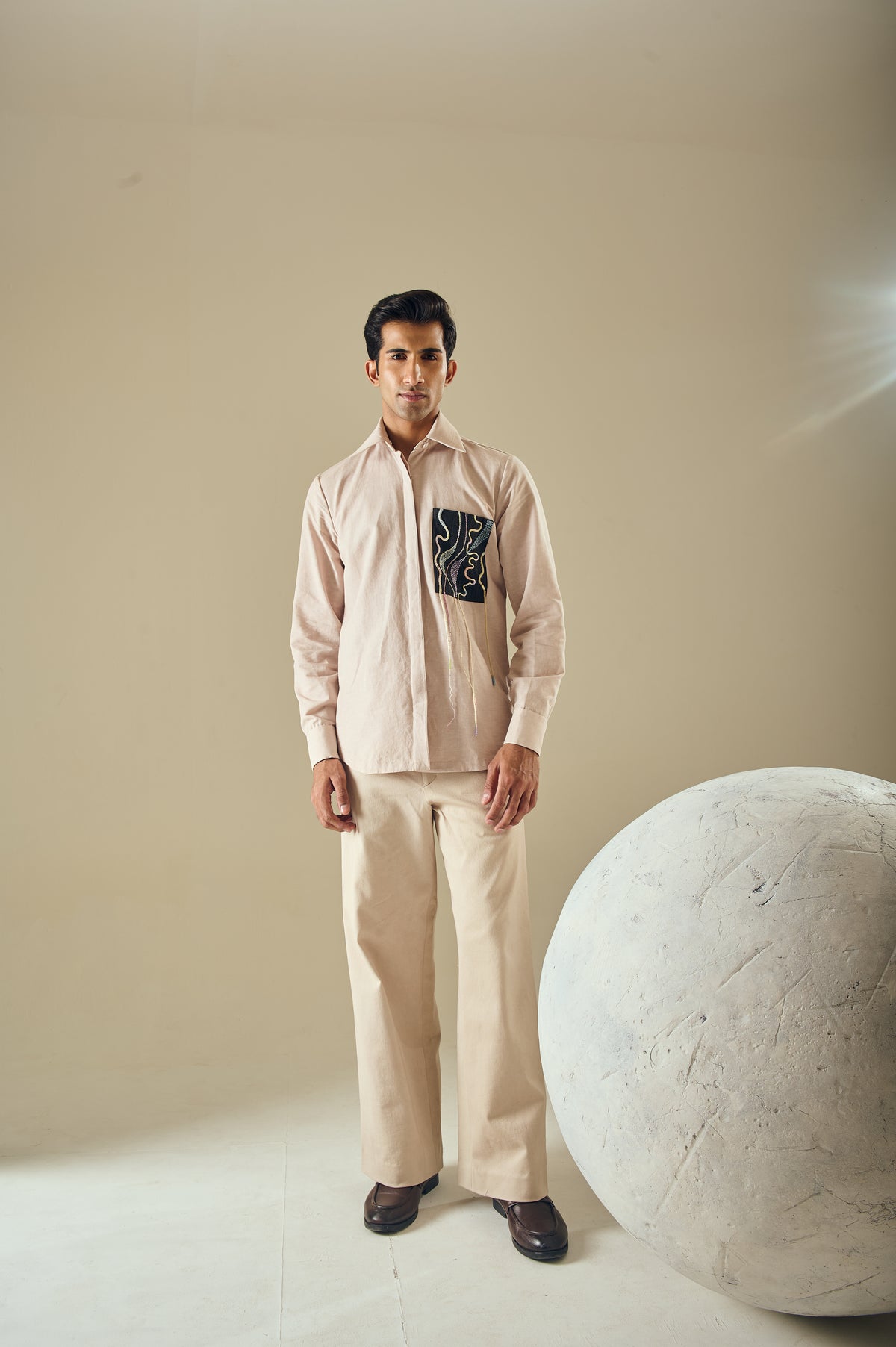 Men's Embroidered Pocket Shirt – Topographic - Beige