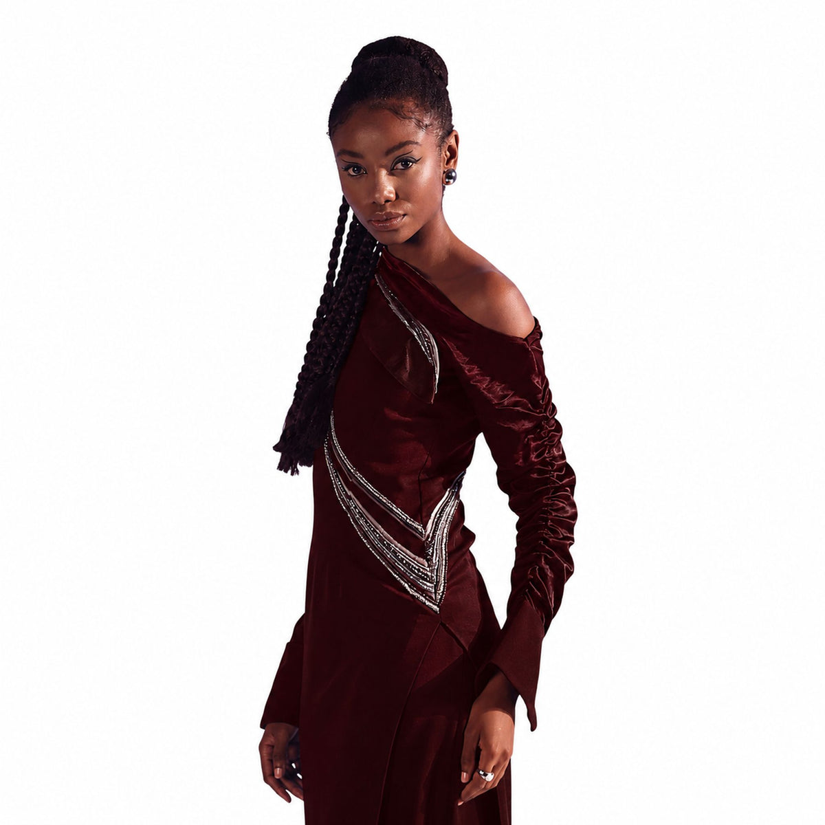 One-Shoulder Draped Midi Dress – Ecalt - Wine