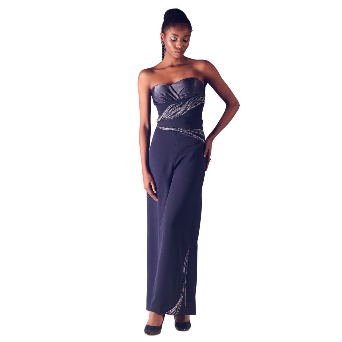 Wave Waistband Wide-Leg Trousers – Obelisk - Navy Blue