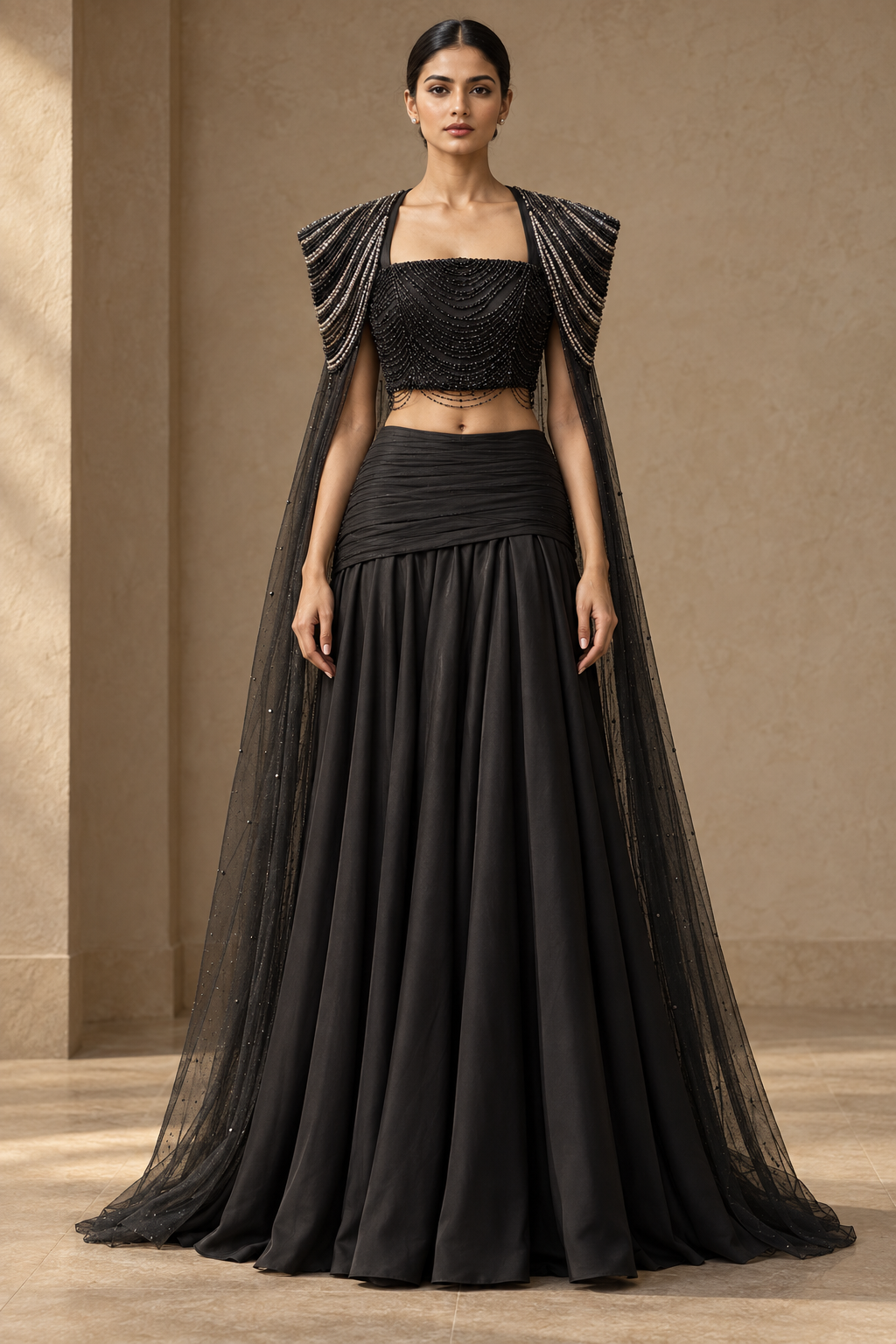 Ankh Draped Palazzo Set (3-piece) - Black