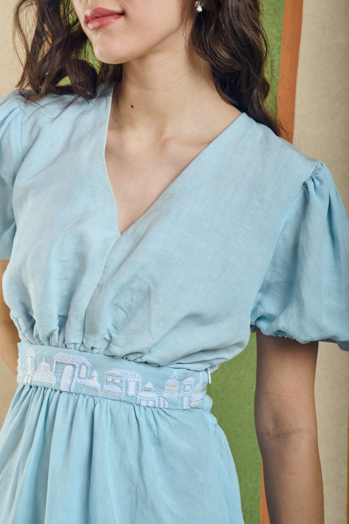 Puff Sleeve V-Neck Linen Dress – Backtie - Blue