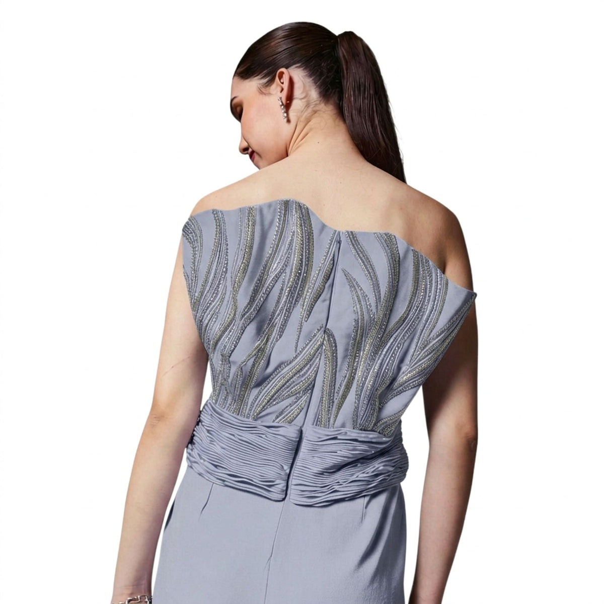 Off-Shoulder Embroidered Gown – Rivulet - Cool Grey