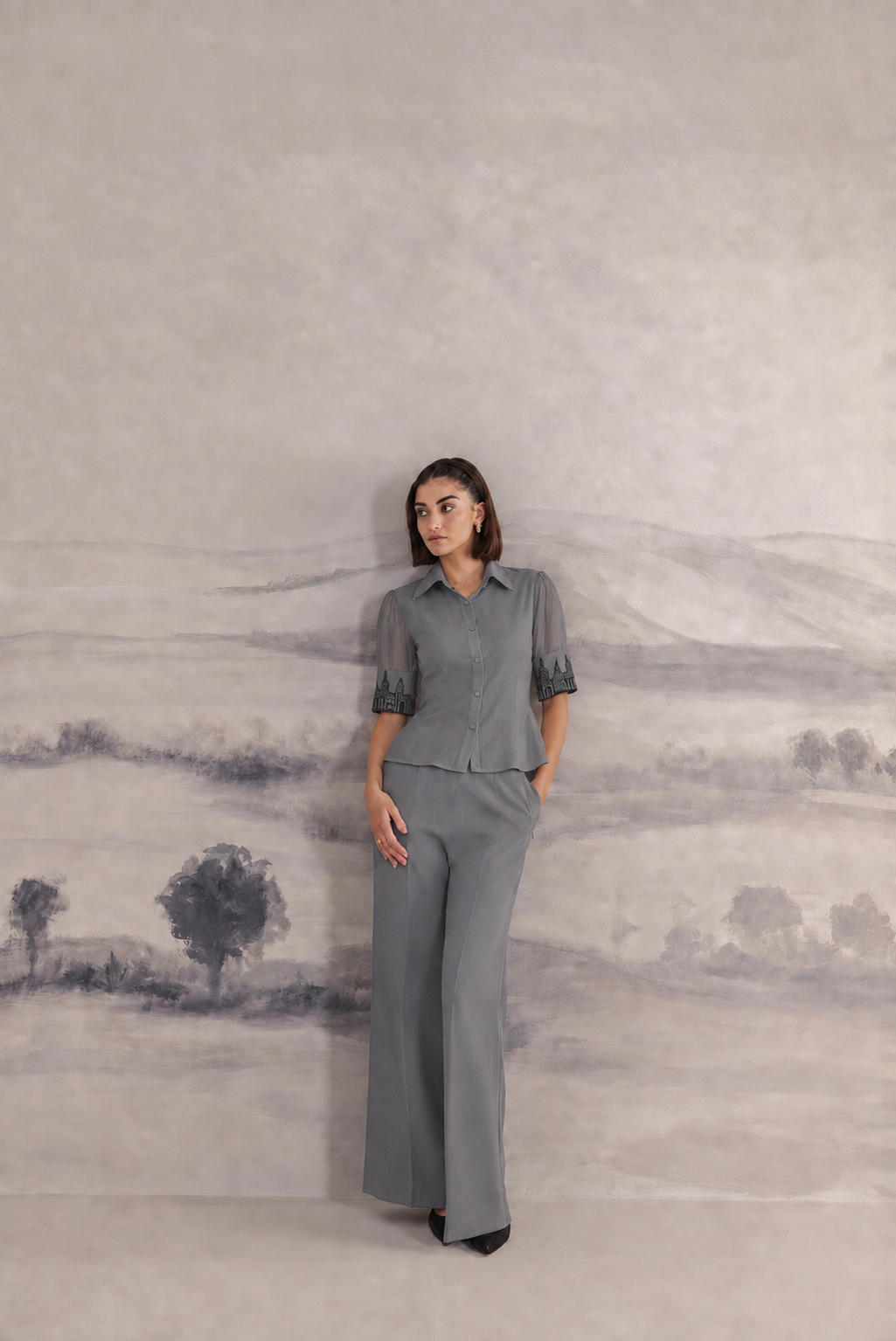 Embroidered Cuff Satin Shirt – Ensemble - Mid Grey