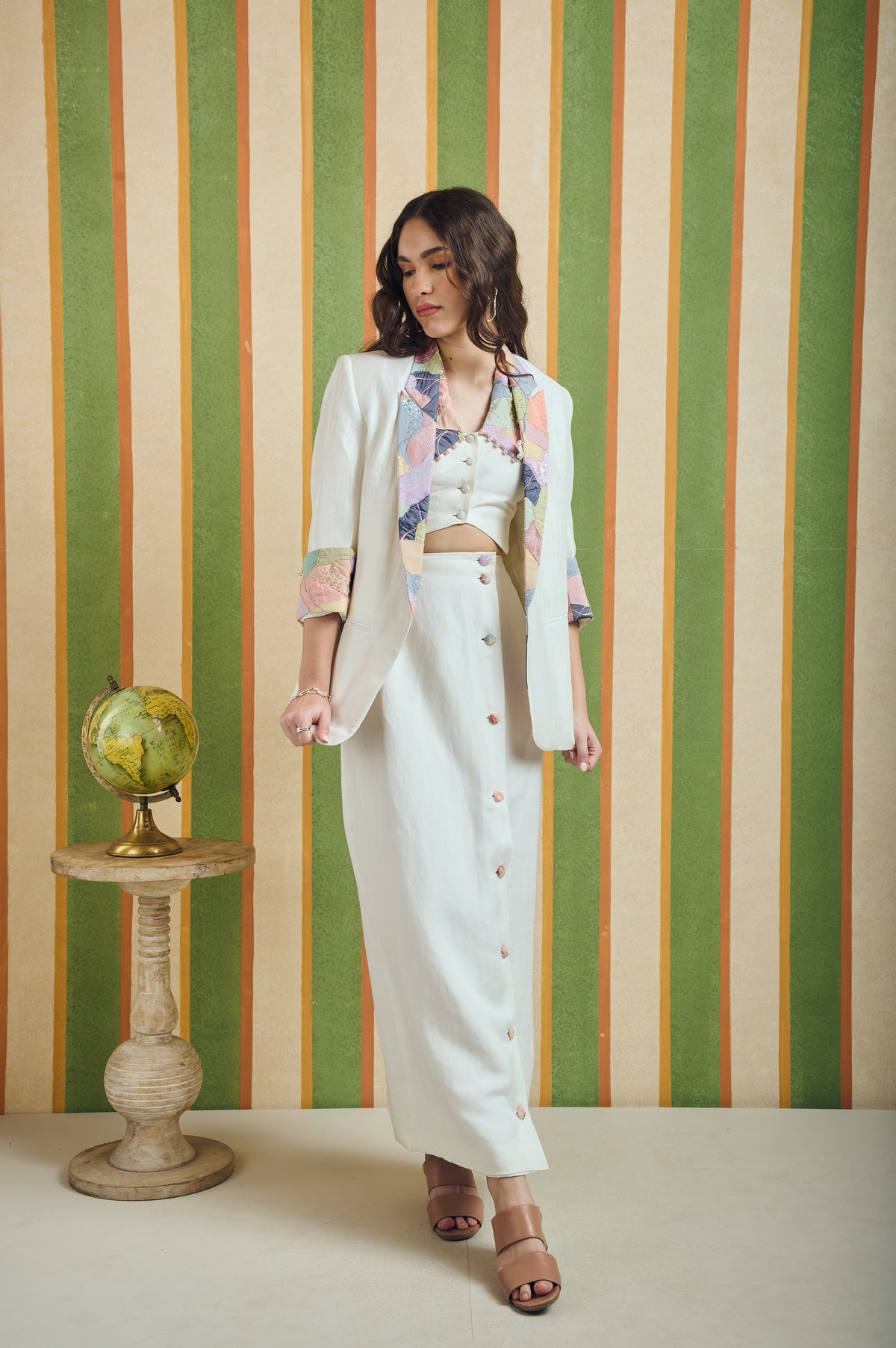 Patchwork Lapel Linen Silk Blazer – Mosaic - White