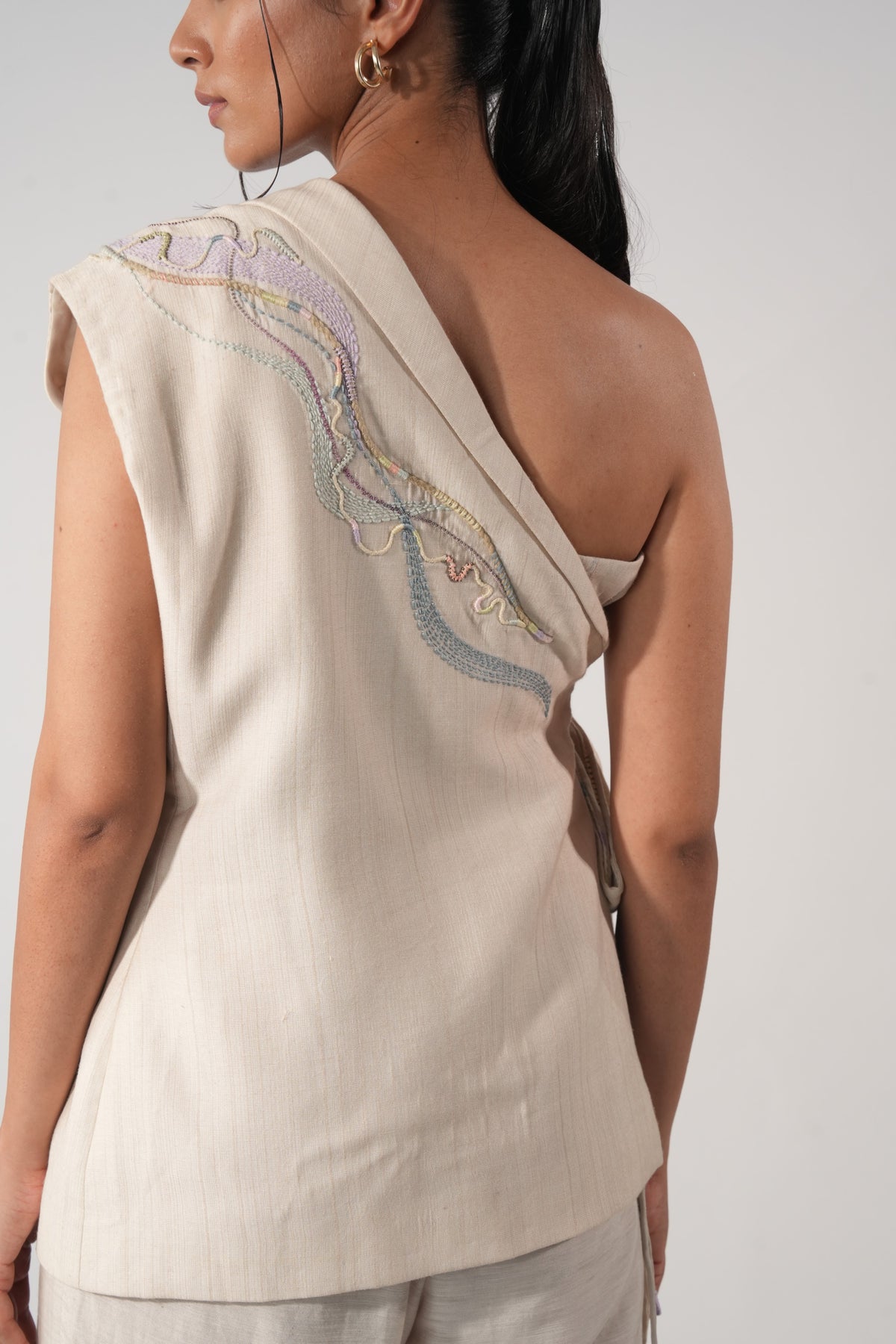 One-Shoulder Tie-Up Half Jacket – Meadow - Beige