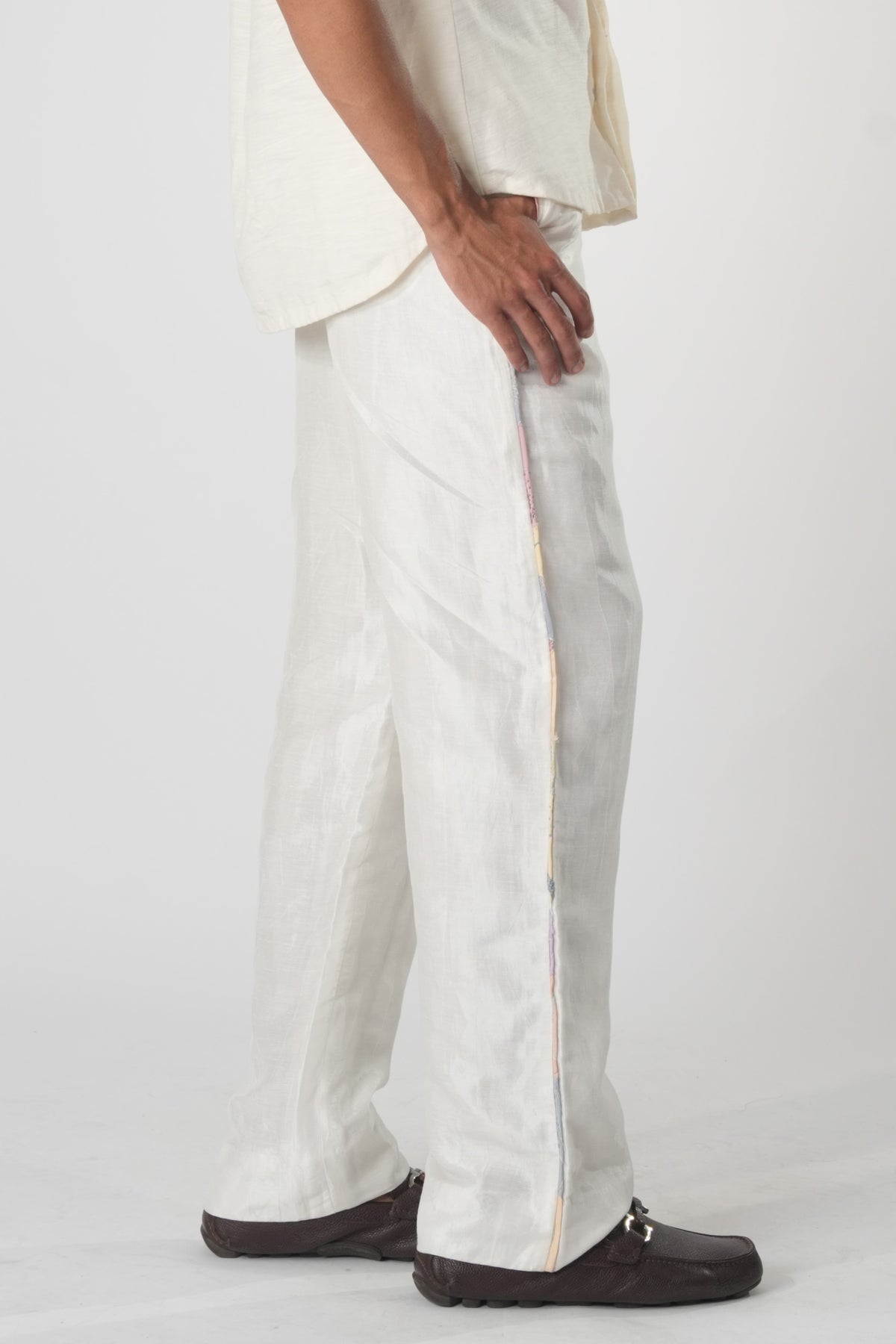 Embroidered Side Trim Linen Trousers - White