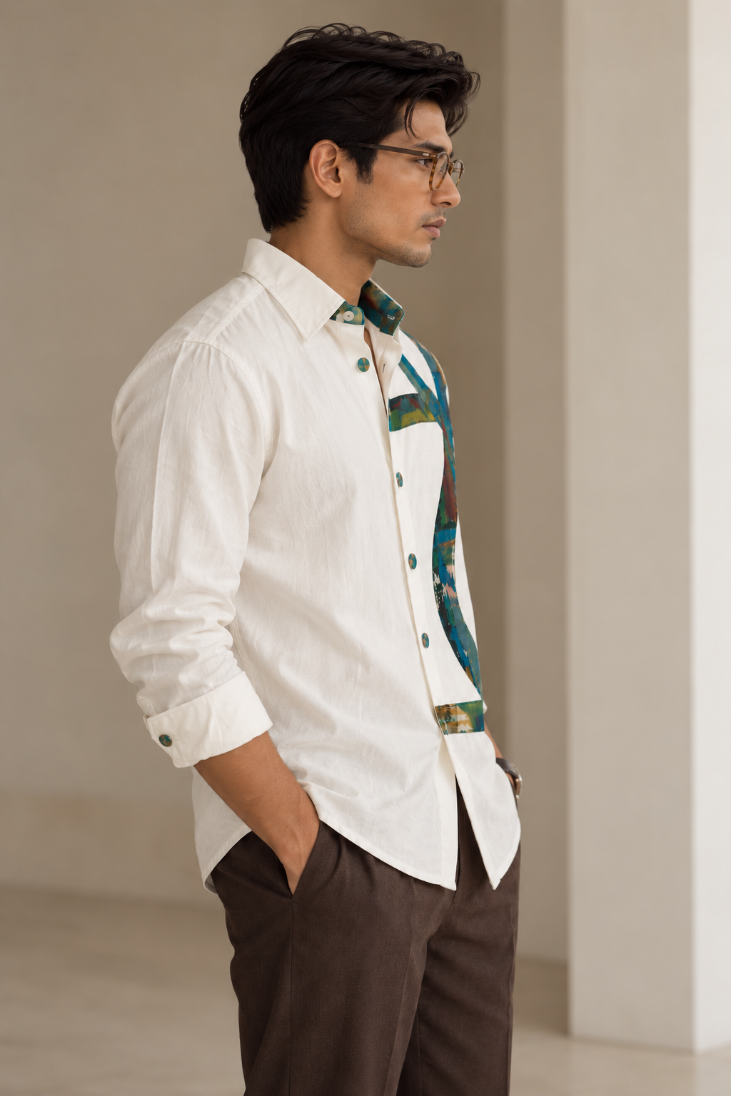Men's Abstract Panel Shirt - Teal Brushstroke Print