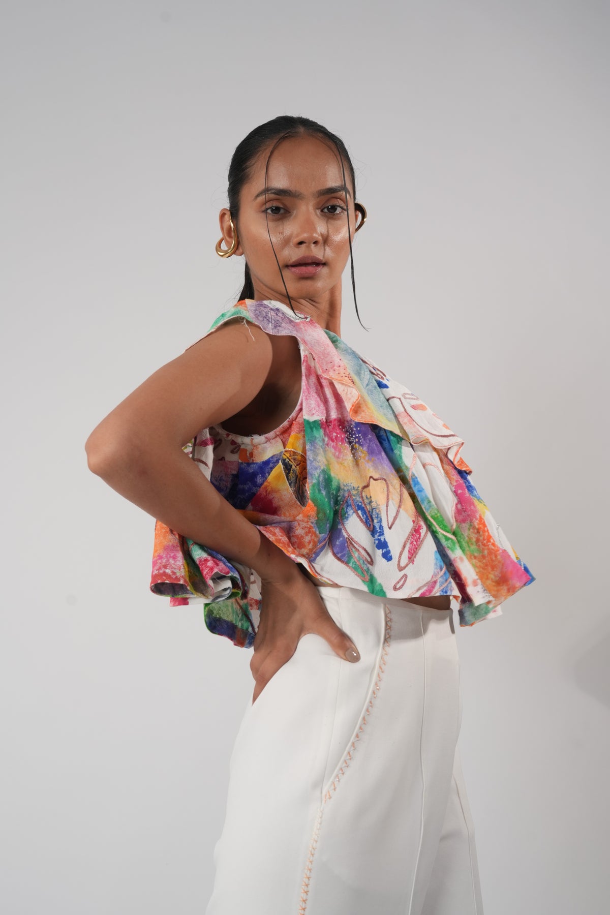 One-Shoulder Frill Top – Blossom Accent - White