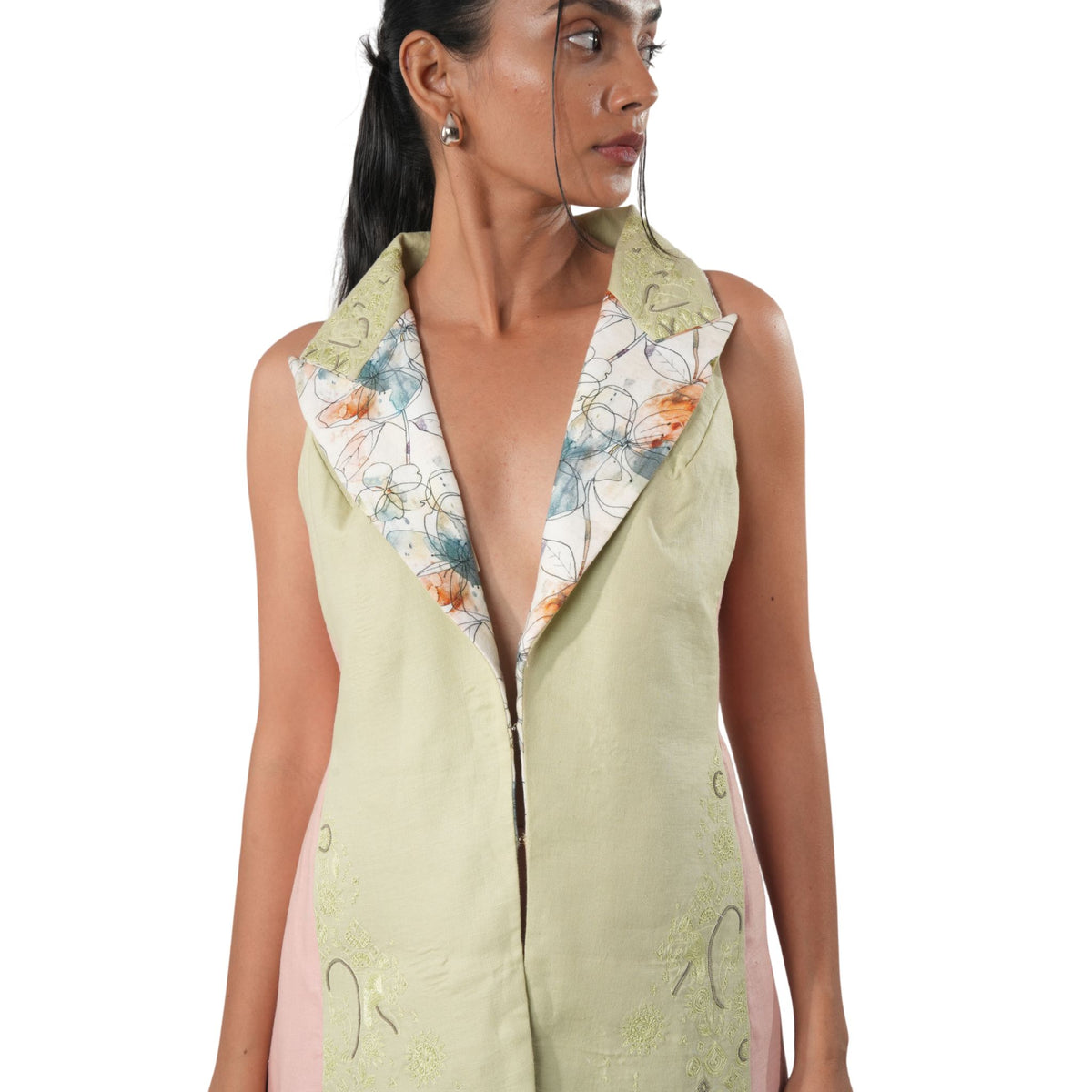 Sleeveless Back Ruffle Blazer - Green