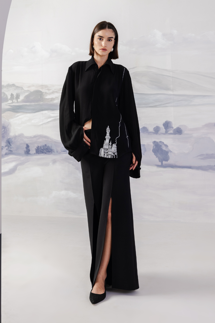 Beaded Line Embroidered Shirt – Feather - Black