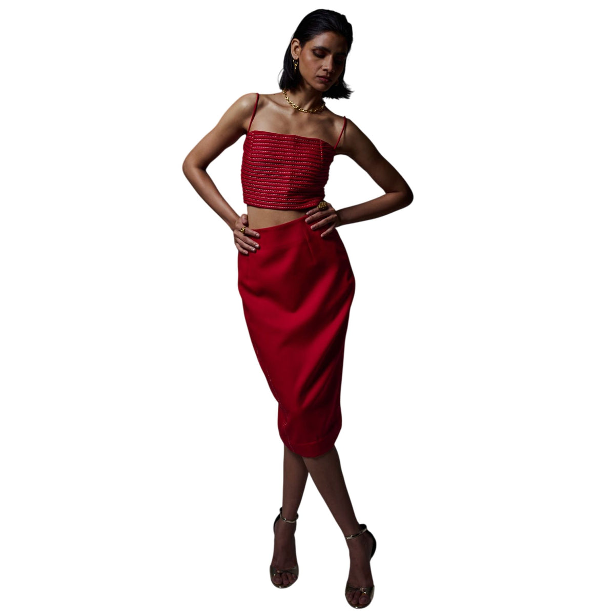 Tailored Pencil Midi Skirt – Sculpted - Red