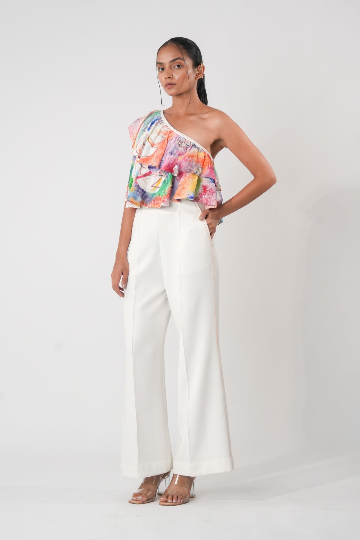 One-Shoulder Frill Top – Blossom Accent - White