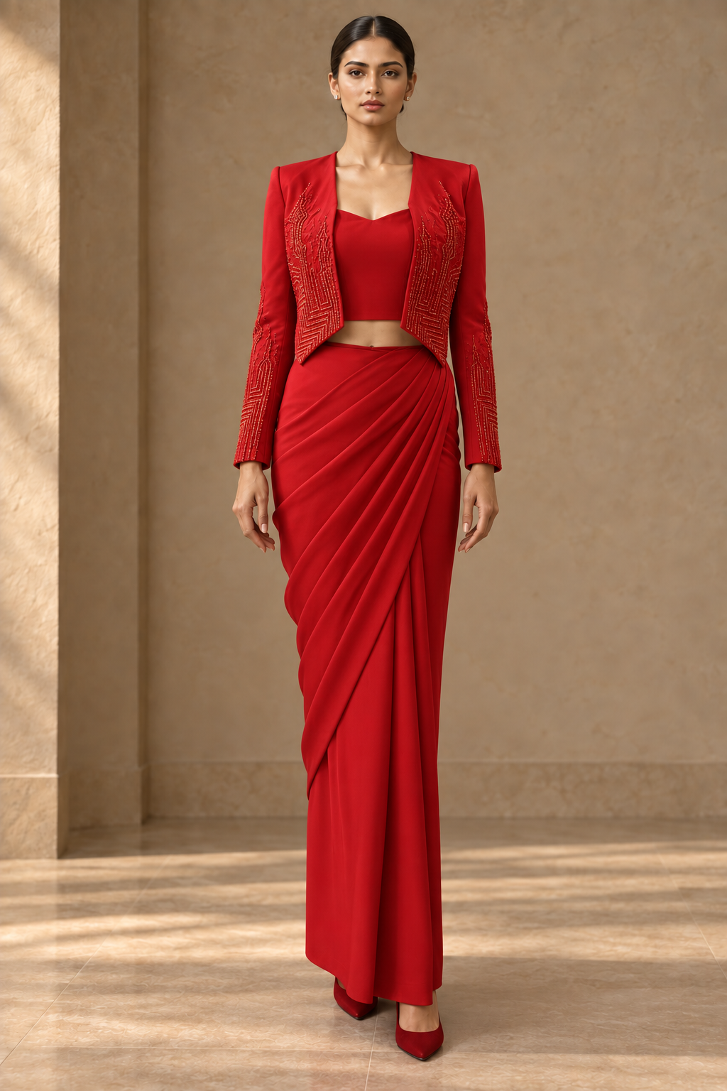 Cord Crop Jacket Set - Red