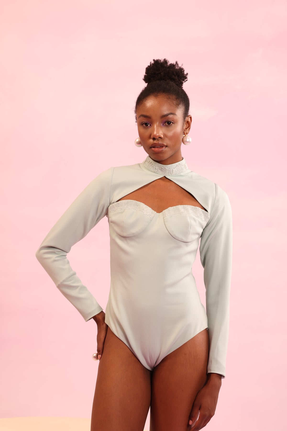 Cut-Out High Neck Bodysuit – Arboreal Grace - Mint Green