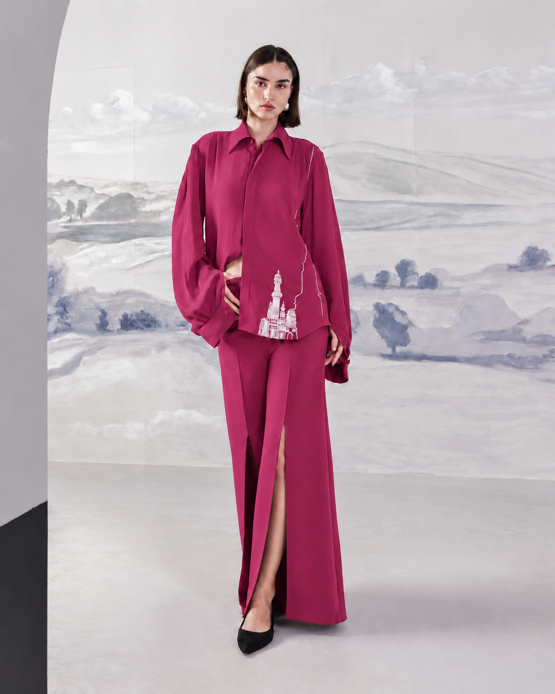 Front Slit Wide-Leg Trousers – Regal - Burst Berry
