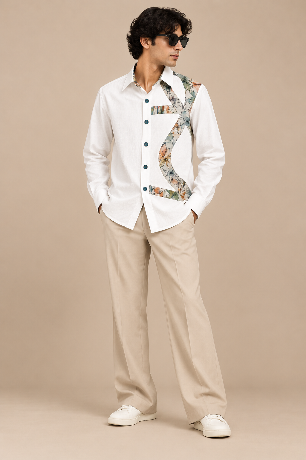 Men's Abstract Panel Shirt - Pastel Floral Print