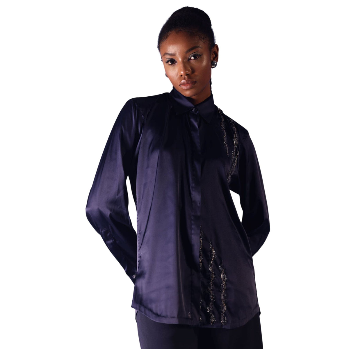 Line Embroidered Satin Shirt – Amira - Navy Blue