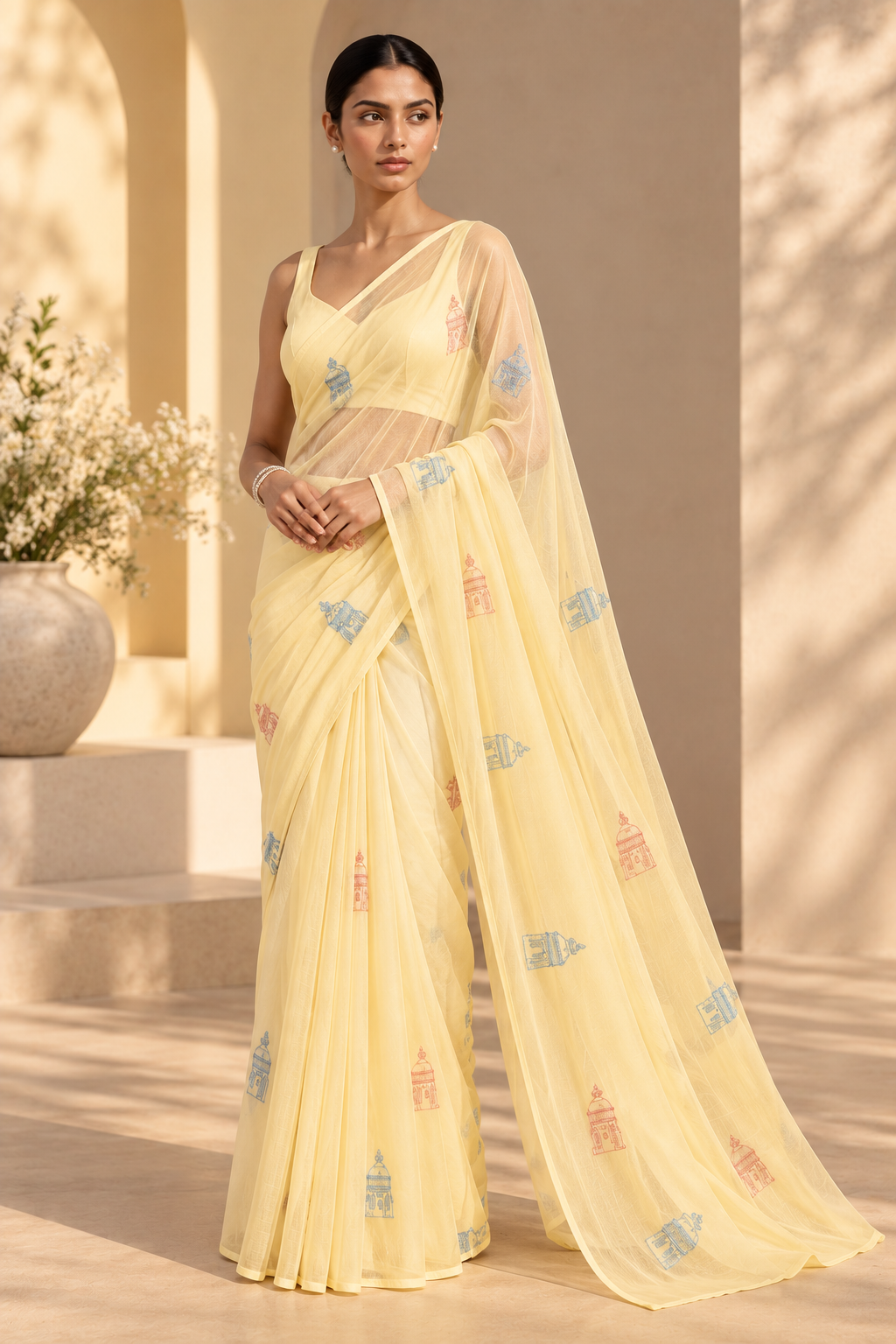 Chikankari Motif Saree – Lucknow - Pastel Yellow