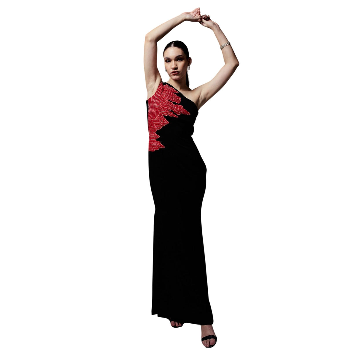 One-Shoulder Draped Gown – Contour - Black And Red