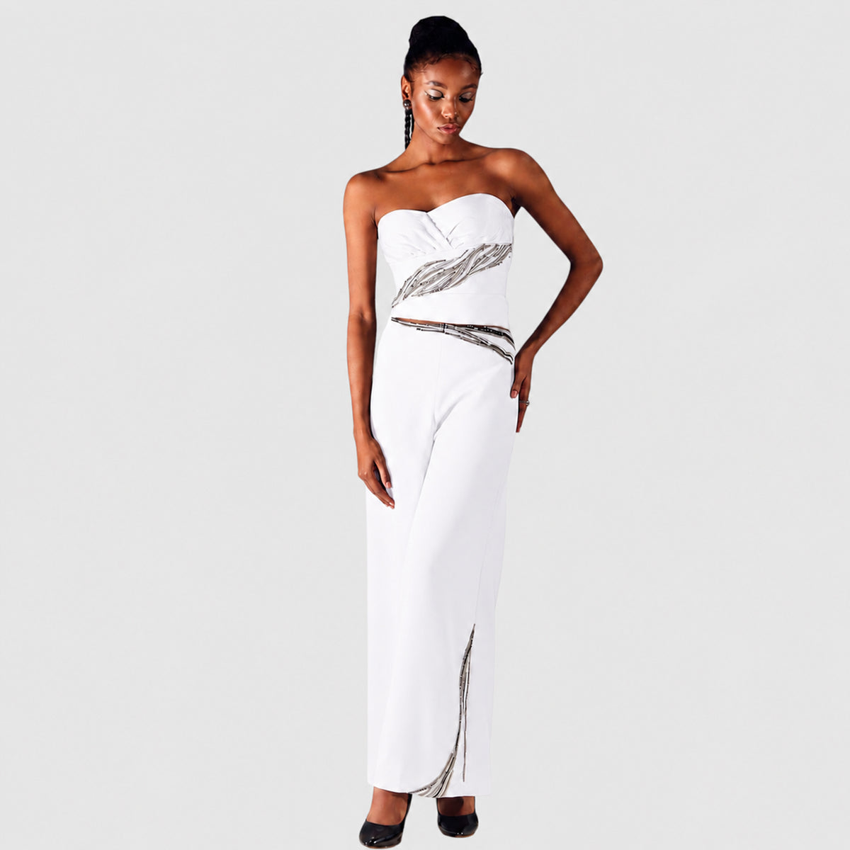 Wave Waistband Wide-Leg Trousers – Obelisk - White