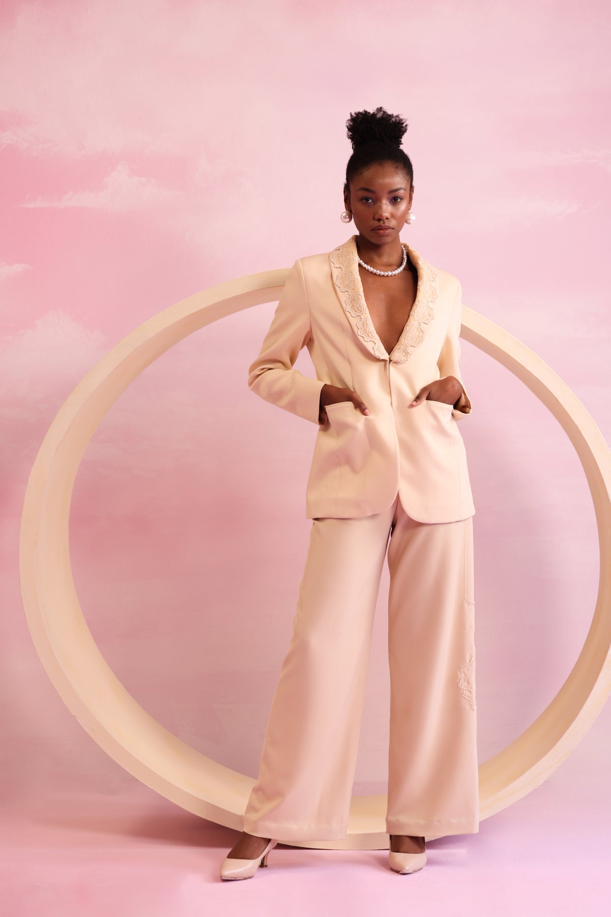 Cut-Out Embroidered Blazer – Canopy Trace - Nude