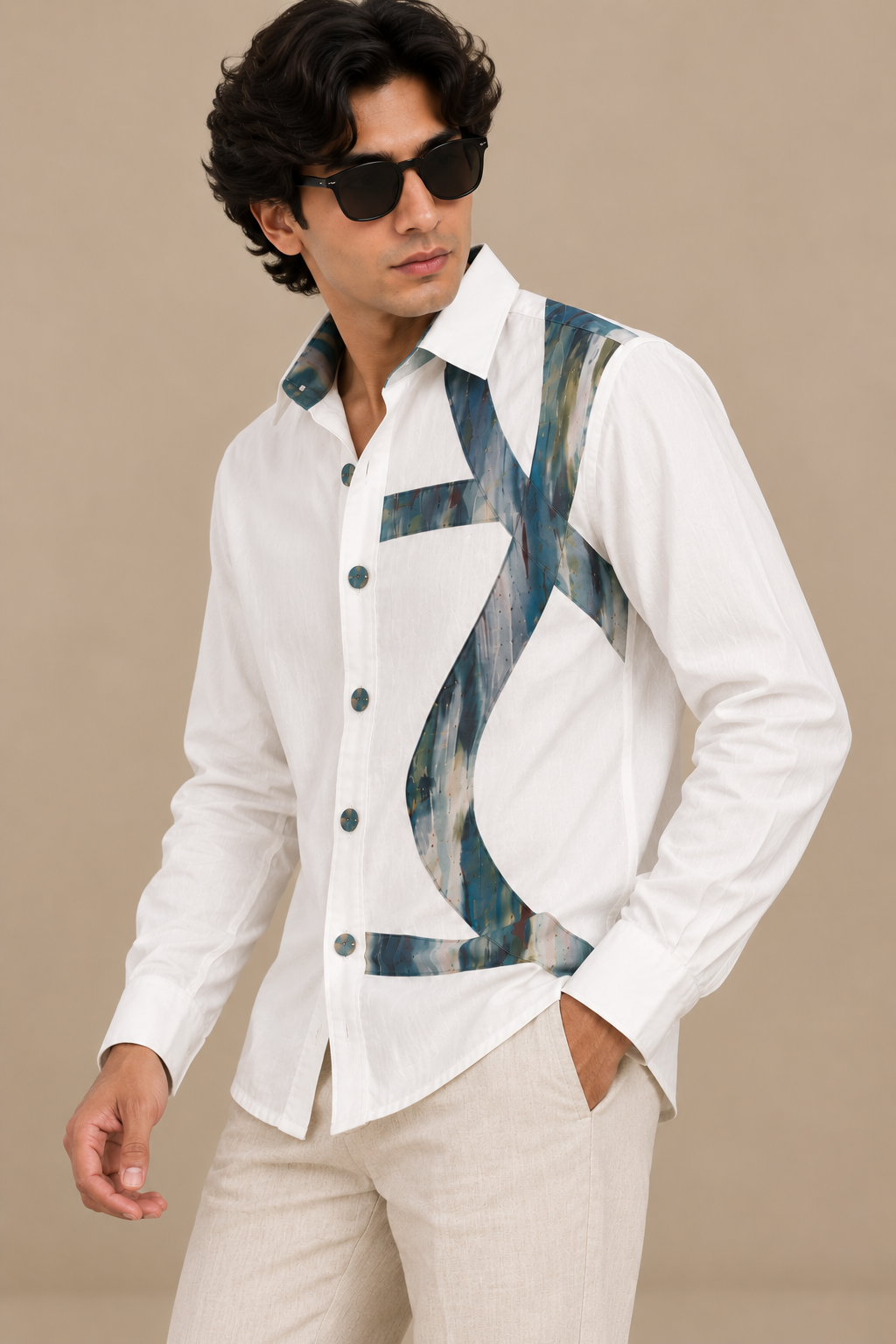 Men's Abstract Panel Shirt - Blue-grey Print