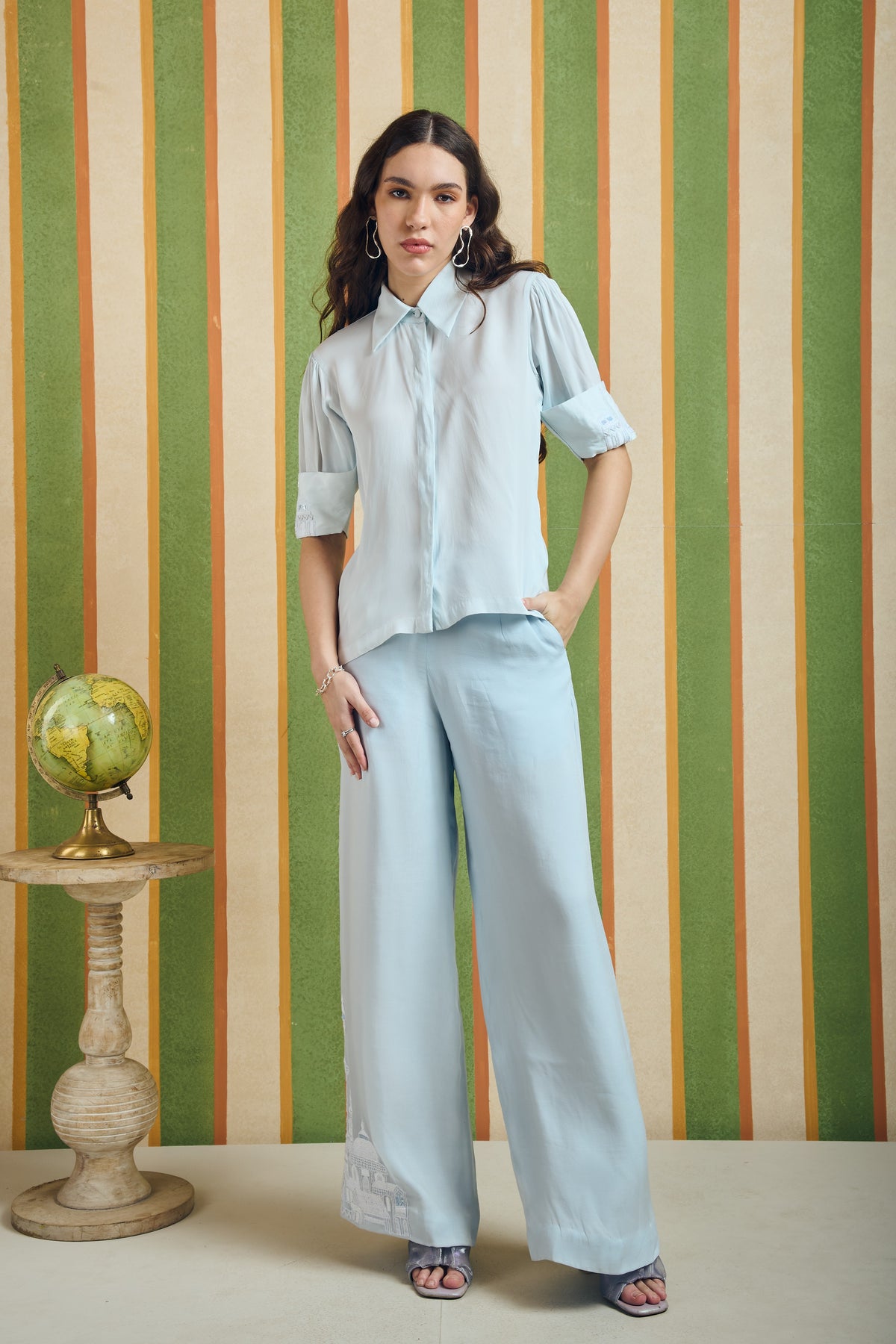Gathered Sleeve Embroidered Shirt – Crescent - Blue