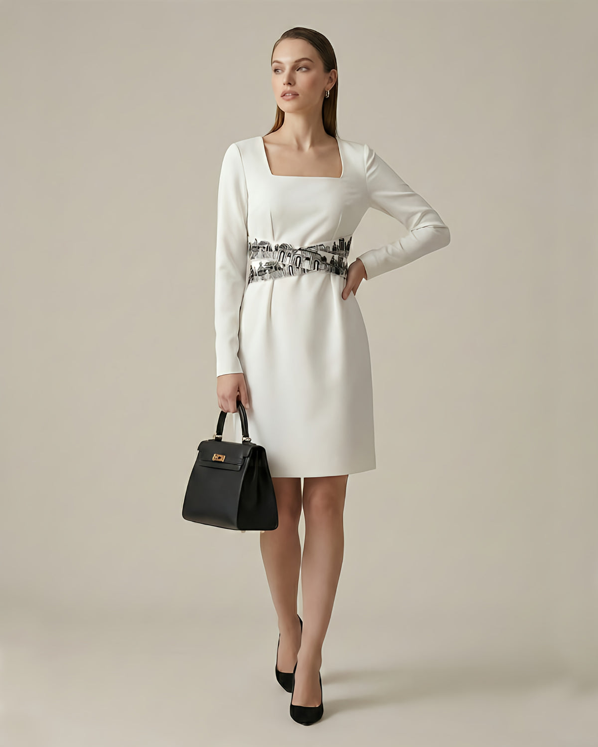 Square Neck Embroidered Waist Dress waist panel detail, ORTHODOX
