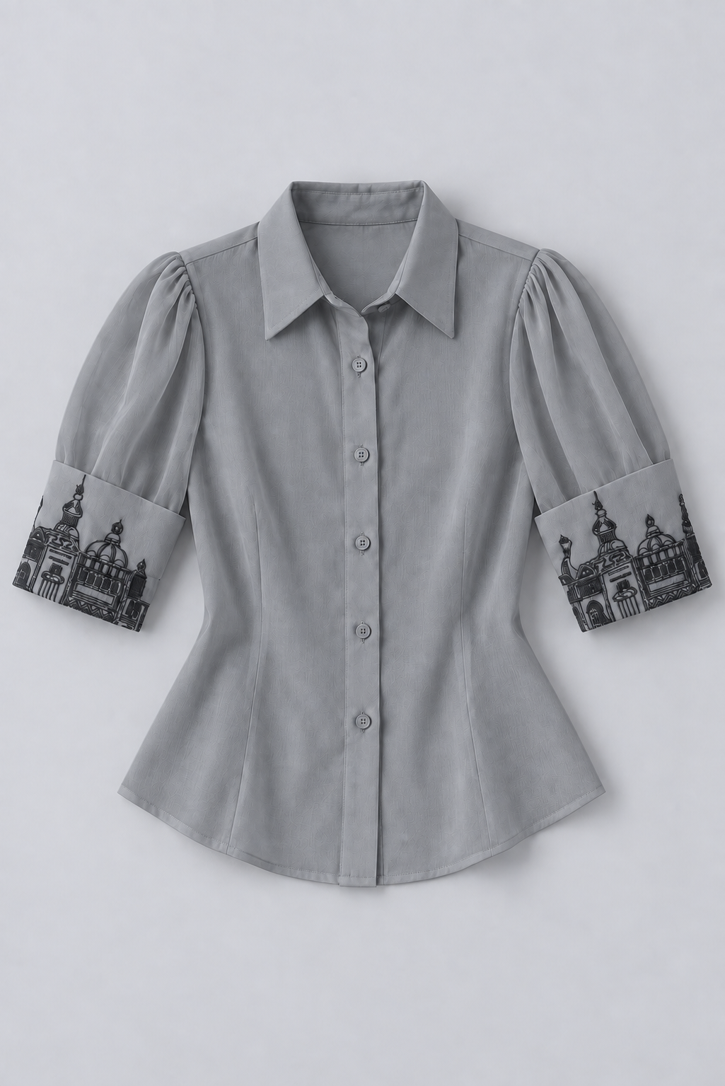 Embroidered Cuff Satin Shirt – Ensemble - Mid Grey