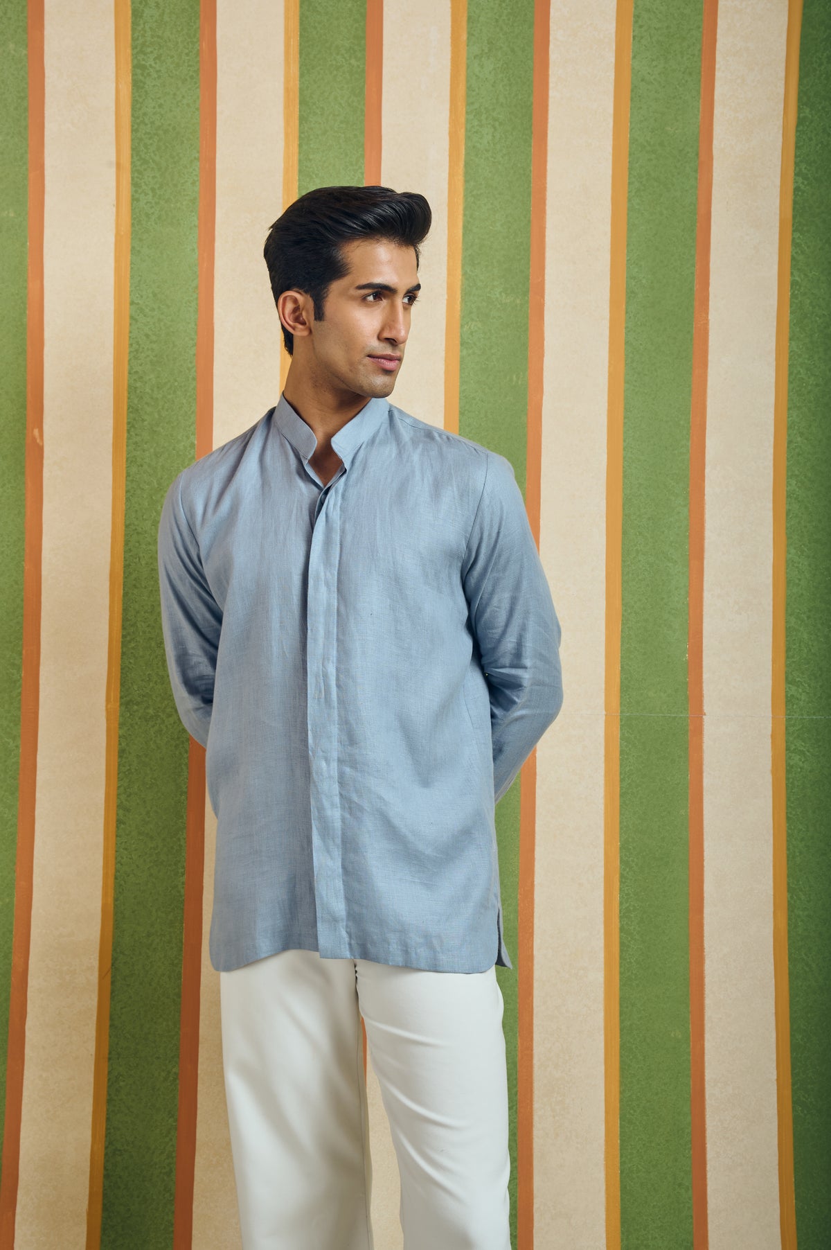 Men's Cotton Mandarin Collar Shirt - Sky Blue